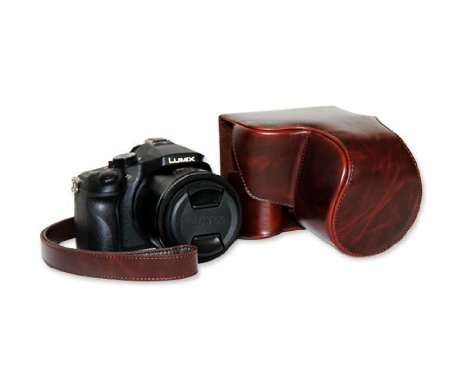 Justoshop Retro High Quality PU Leather Camera Case Bag Cover with Shoulder Strap for Panasonic Lumix DMC-FZ1000 - Deep Brown