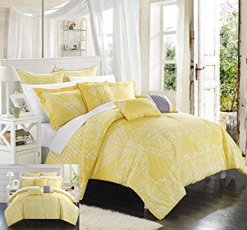 Chic Home 8 Piece Sicily Oversized Overfilled Comforter Set, Queen, Yellow