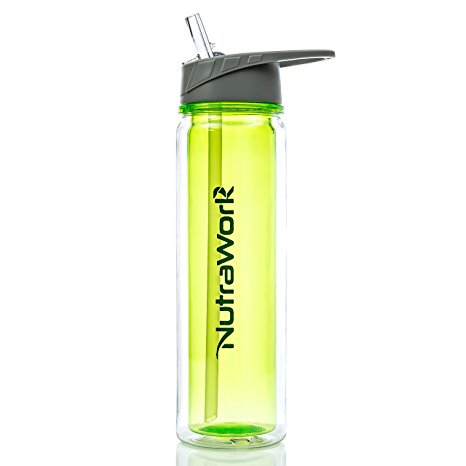 NutraWork Insulated Plastic Water Bottle (20 oz.) — Double Walled Insulated Water Bottle with Straw — Sweat Proof Sports Bottle — Wide Mouth Straw — Vacuum Sealed & BPA Free Tritan Plastic Gym Bottle