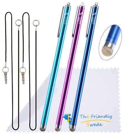 The Friendly Swede Extra Long - Bundle of 3 Premium XXL Micro-Knit Hybrid Fiber Tip Capacitive Stylus Pens 7.3"   2 x 15'' Elastic Tether Lanyards (Purple   Dark Blue   Light Blue)