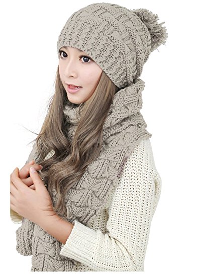 OURS Women's Cable Knitted Beanie Cap with Pom Pom   Knitted Scarf Two Peice Set