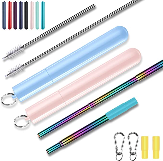 Metal Straws with Case - Rubinom Collapsible Straw Drinking Reusable Stainless Steel Portable with Silicone Tips & Telescopic Cleaning Brush & Keychain, 2 Pack of Lilac/Pink
