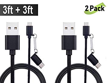 (2 Pack 3/3Ft) 2-in-1 Nylon Braided Type C   Micro USB Charging Cable Data Sync Cable Compatible with Samsung Galaxy Note 8, Samsung Galaxy Note 9, S8 S9 S9 , Google Pixel 2 XL. Blackberry Motion Keyone Key2, LG V20 V30 V35 Q7 Q8 G5 G6 G7 ThinQ, HTC 10 and more [Black]