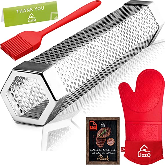 LIZZQ Premium Pellet Smoker Tube 12 inches - 5 Hours of Billowing Smoke - for Any Grill or Smoker, Hot or Cold Smoking - Stainless Steel 304 - Silicone Oven Mitt - Silicone Basting Brush - Free eBook Grilling Ideas and Recipes