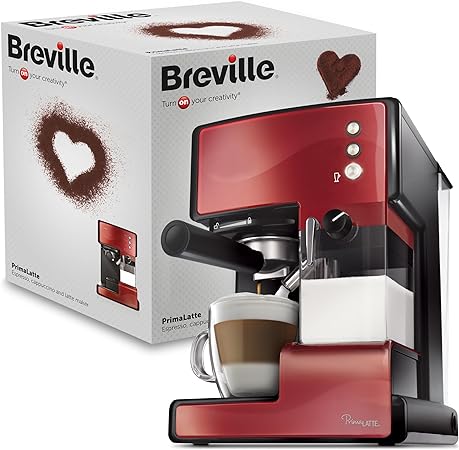 Breville PrimaLatte Kaffee- und Espressomaschine | italienische Pumpe mit 15 Bar | für Kaffeepulver oder Pads geeignet | Integrierter automatischer Milchschäumer | Metallic/Rot | VCF046X