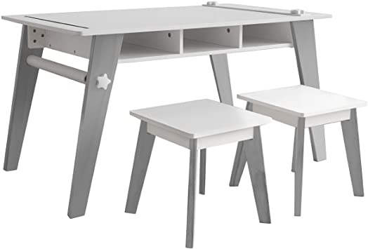 Wildkin Kids Arts and Crafts Table Set for Boys and Girls, Mid Century Modern Design Craft Table Includes Two Stools, Paper & Two Storage Cubbies Underneath Helps Keep Art Supplies Organized(Gray)