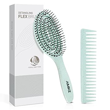 AIMIKE Detangling Hair Brush, Vented Detangler Brush for Curly, Thick & Knotted Hair, No Pull Detangling Brush w/Flex Soft Bristles, Glide Through Tangles for Women, Kids, Men, Wet & Dry Hair- Green