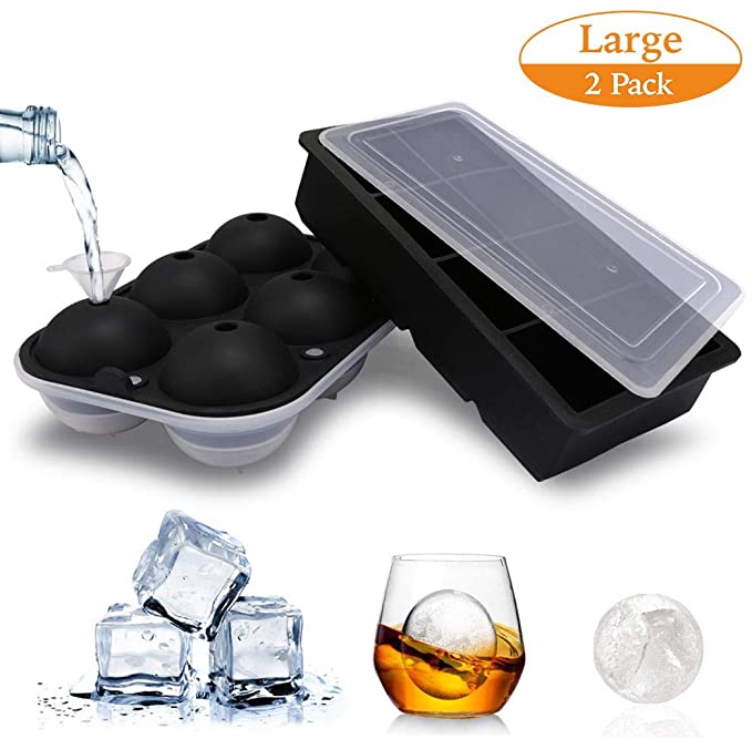 TGJOR Ice Cube Trays, 2 Pack Easy Release 2.5” Ice Sphere Mold Tray and Large 1.9” Square Ice Cube with Lid, Reusable Ice Ball Maker for Whiskey, Cocktail or Homemade (Funnel Included)