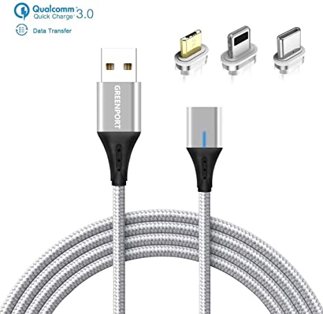 Magnetic Charging Cable Data Transfer Universal Plugs Micro USB Type C Compatible for I-Products Premium Durable Braided Nylon 3 feet High Speed Charging Cable (Silver)