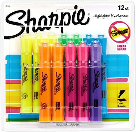 Sharpie 25145 Tank Highlighters, Chisel Tip, Assorted Fluorescent, 12-Count