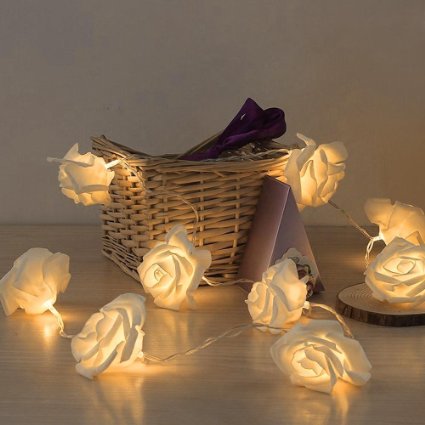 Lily's Gift 20LED Warm White Rose Flower Fairy String Lights Clear Cable Battery Powered for Valentine's, Wedding, Bedroom, Indoor Decoration