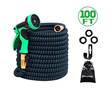 2018 Expandable Garden Hose 100ft - Best Water Hose with 3/4 Brass Connectors, 100% No Rust, Kinks or Leaks, Extra Strong Fabric - Outdoor Hose with 9-Way Spray Nozzle - Flexible Expanding Hose 100ft