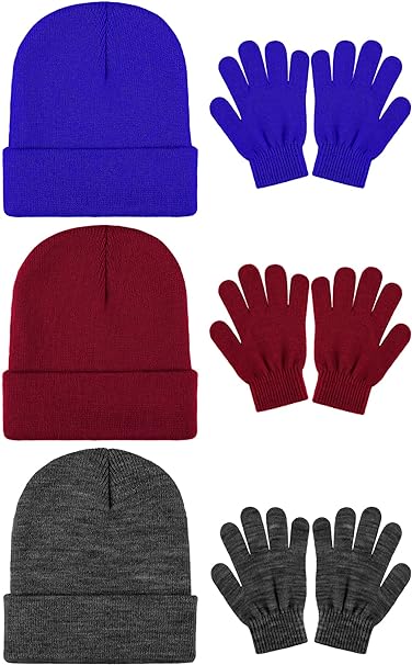 Cooraby 6 Pack Kid's Winter Beanies Hat Full Fingers Gloves Set Skull Winter Caps Stretchy Gloves for Boys Girls