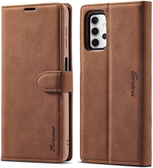 CAIFENG Phone Cover Case Wallet For Samsung Galaxy A32 5G F1 Series Matte Strong Magnetism Horizontal Flip Leather with Holder Card Slots Photo Frame Protective Shell ( Color Brown )