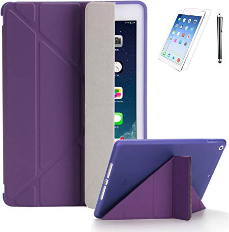 iPad 9.7 2018/2017 (6th, 5th) Generation Premium Smooth Ultra Origami Slim Lightweight/Soft Stand Protective Folding Case with Auto Wake/Sleep Feature with Bonus Screen Protector and Stylus (Purple)