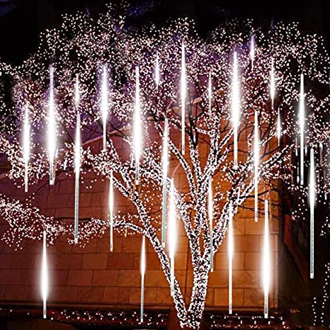 Number-one Meteor Shower Lights, LED Falling Rain Lights 30cm 8 Tube 144 LEDs Falling Raindrop Light, Waterproof Icicle Snow Fall String Lights for Xmas Tree Parties Wedding Garden (White, Hollow-out)