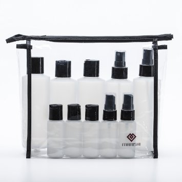 Plastic Bottles with Caps and Pumps for Liquids. Set of 10 in Zippered Carry Bag. Includes 6 Oz and 1 Oz Sizes. Each Set with 3 Disc Top Caps and 2 Fine Mist Sprayers