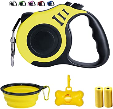 Dunhuang Retractable Dog Leash for X-Small/Small/Medium, 10ft (for Dogs Up to 22lbs), with 1 Free Portable Silicone Dog Bowl   1 Waste Bag Dispenser   3 Waste Bag (Yellow)