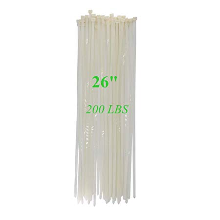 Long Heavy Duty 26 Inch Nylon Zip Cable Ties Clear-Large 200 LBS Tensile Strength-Heavy Duty Industrial Durable Strong Cable Ties- 50 Pack - Indoor Outdoor Garden Use(26",200LB, White)