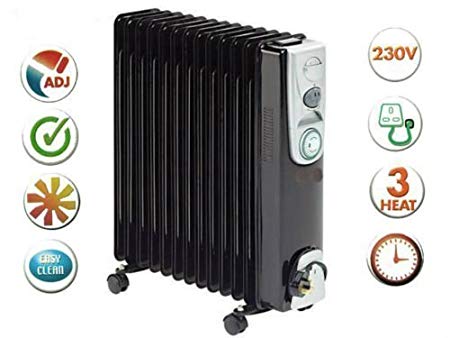 garden mile® 2500w 11 Fin Black Oil Filled Radiator With 24hr Timer And Turbo Fan Heater, Large Portable Energy Effiicent Electric Heater Floor Standing Room Heater With Adjustable Heat Control