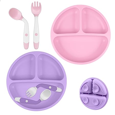 Vicloon Suction Plates, 2 Pcs Baby Toddler Plate Silicone, BPA Free Divided Plate with 2 Pcs Baby Bendable Spoons, Divided Plate Design,Silicone Grip Dish Microwave & Dishwasher Safe