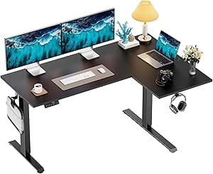 HUANUO L-Shaped Standing Desk, 63 x 40 inch Dual Motor Corner Standing Desk, Electric Height Adjustable Computer Desk with Cable Tray & 3 Preset Heights, Raising Desk for Home Office, Black, HNESD109