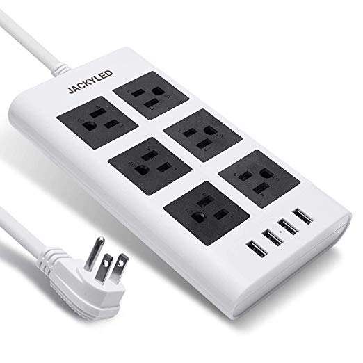 Surge Protector Power Strip - JACKYLED 14AWG 9.8ft Flat Plug Long Extension Cord 6 Outlet Power Outlets with 4 USB Ports 3600W/15A Electric Desktop Charging Station for Phone Computer Laptop Home Office Nightstand - White