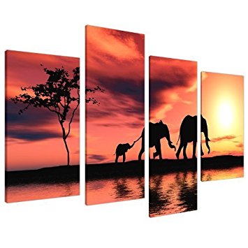 Large African Sunset Elephants Canvas Wall Art Pictures in Orange and Black - XL - Big Modern Contemporary Artwork - Multi Panel Split Canvases - 130cm Wide