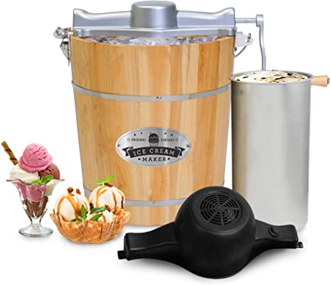 Elite Gourmet EIM402# Old Fashioned 4 Quart Vintage Wood Bucket Electric Maker Machine Appalachian, Bonus Classic Die-Cast Hand Crank, Uses Rock Salt Churns Ice Cream in Minutes, Pine