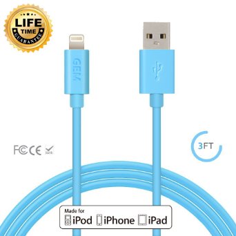 Apple MFi Certified Gembonics 8 Pin Lightning to USB Cable 3ft Sync and Charger with Ultra-Compact Connector for iPhone 6 6Plus 5s 5c 5 iPad Air Mini iPod touch with Lifetime Guarantee Blue