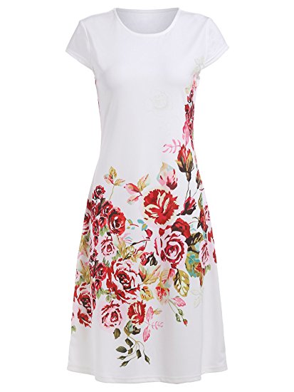 ROMWE Women's Floral Print Short Sleeve Casual A Line Dress