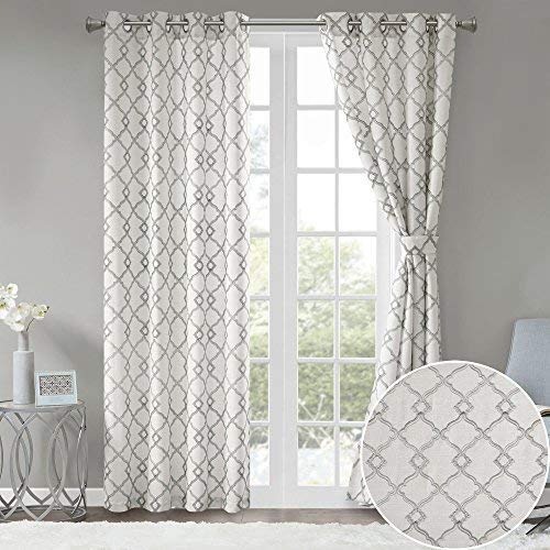 Comfort Spaces Bridget Faux Linen Fretwork Window Curtain Embroidery Design Grommet Top Panel Pair with Tie Backs, 50"x95", Grey