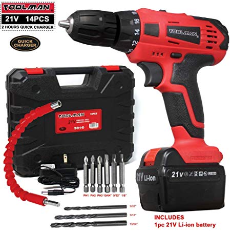 Toolman Led Lithium-ion Cordless Drill Kit 21V with Drill Set 14 pcs for Heavy Duty works with DeWalt Makita Ryobi Accessories