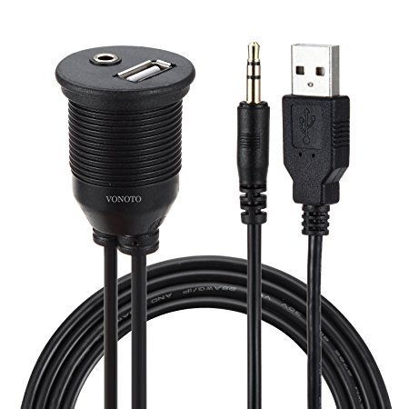 VONOTO USBCBL 6-Feet USB & 3.5mm to USB & 3.5mm AUX Flush Mount Dash Extension Cable with Mounting Bracket for car/Boat/Bike/Trailer dash or other surface (USB & 3.5mm to USB & 3.5mm)