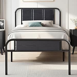 VECELO Twin Size Metal Platform Bed Frame with Wooden Headboard for Kids,Sturdy Steel Slats Support/Matress Foudation/No Box Spring Needed(Black)