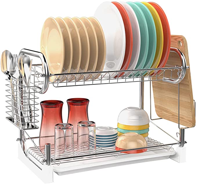 Dish Dying Rack,Ace Teah 2 Tier Dish Rack with Utensil Holder,Plated Chrome Dish Drainer 16.3 x 9.6 x 13.7 inch,Silver