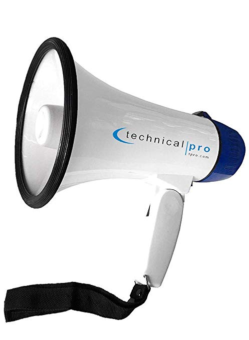 Technical Pro Megaphone MPH15 Speaker PA with Up to 500 Yard Range for Use at Sports Events Camps Cheer Leading Coaches and Safety Drills - Features Adjustable Volume and Siren