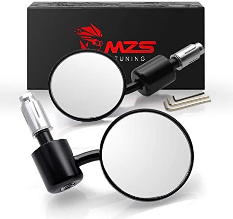 MZS Bar End Mirrors | 7/8 Motorcycle Rear View Mirror Hollow Classic Round CNC Compatible with Street Sport Naked Road Bike Cruisers Touring Scooter