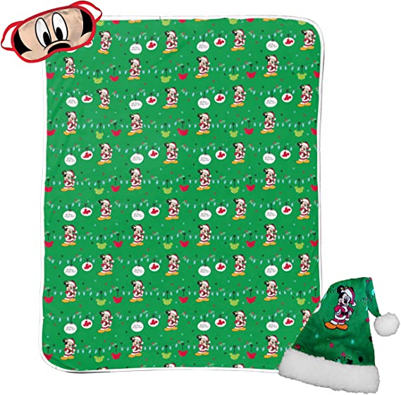 Jay Franco Disney Mickey Mouse 3 Piece Holiday Set - Kids Christmas Bedding, Super Soft Sherpa Throw Blanket & Eye Mask with Bonus Santa Hat (Official Disney Product)