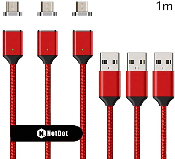 NetDot 2nd Generation Nylon Bradied Fast Charging Magnetic Micro USB Cable with LED Indicator compatible with Android Device (1m / 3 pack red)
