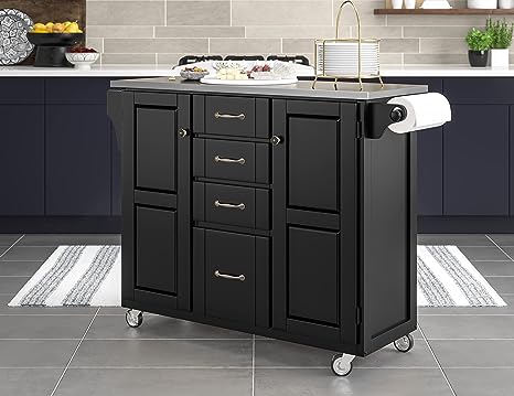 Home Styles Large Mobile Create-a-Cart Black Finish Two Door Cabinet Kitchen Cart with Stainless Steel Top, Adjustable Shelving, Four Large Utility Drawers