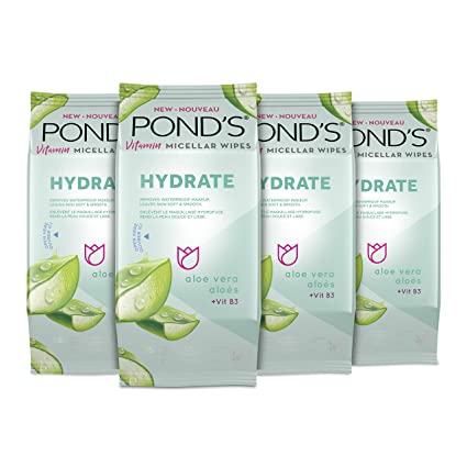 Pond's Vitamin Micellar Wipes for Dry Skin Hydrate Aloe Vera Removes Waterproof Makeup 25 Count 4 Pack