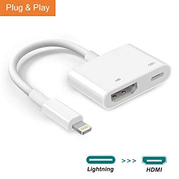 Lightning to HDMI Adapter, iPhone to HDMI Cable Adapter, 1080P Lightning Digital AV Adapter with Lightning Charging Port, HDMI Sync Screen Connector for iPhone & iPad, Support iOS 11 and Before