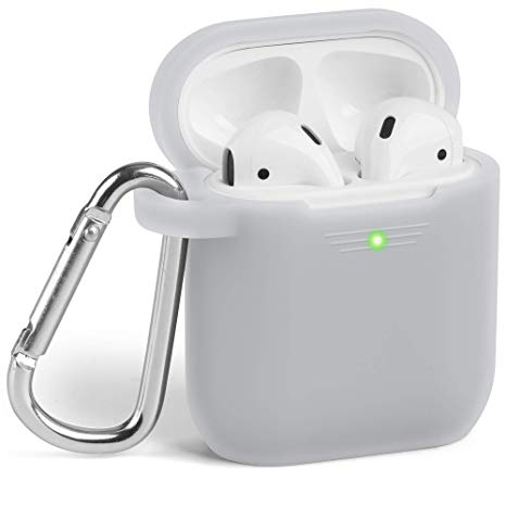 AirPods Case, GMYLE Silicone Protective Shockproof Wireless Charging Airpods Earbuds Case Cover Skin with Keychain Set Compatible for Apple AirPod 1 & 2 - Transparent Grey [Front LED Visible]