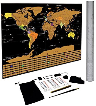 FREELOGICS Scratch Off World Map Poster - US States and Country Flags, Track Your Travelling Adventures, Perfect Gift for Travellers, Detailed 36”x24” Deluxe Black and Gold with BONUS Accessories