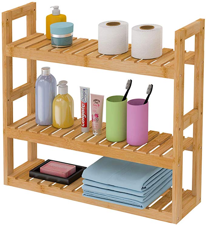 Bamboo Bathroom Shelf 3-Tier Wall Mount Shelf Living Room Kitchen Adjustable Free Standing Multifunctional Utility Storage Shelf Rack by Domax