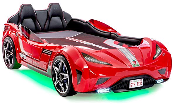 Cilek GTS Twin Size Kids Race Car Bed Frame For Boys from 2 to 12 Remote Controlled, LED Headlights, Engine Sound, Upholstered Headboard, Interior Padding, License Plate, Red