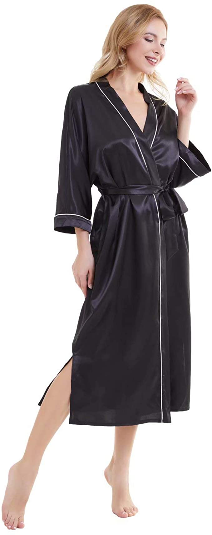 DIASHINY Women Satin Robe Long Pure Color Kimono Bathrobe 3/4 Sleeve Silky Bridesmaid Bath Robes