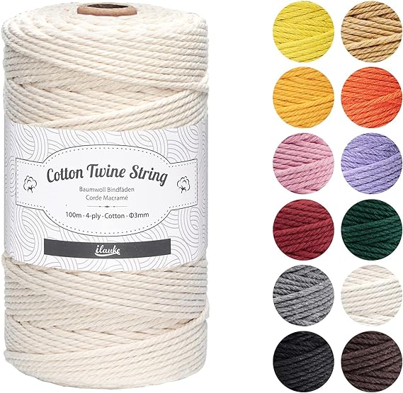 ilauke Macrame Cord 3mm x 100m, Natural Macrame Cotton Cord DIY Craft Cord Cotton Rope for Wall Hanging, Plant Hangers, Crafts, Knitting, Decorative Projects (Beige)