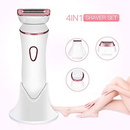 KUYANG 4 IN 1 Lady Electric Shaver Set, USB Rechargeable Epilator for Women with 3 Different Razor Head, 1 Facial Cleaning Brush, Waterproof Hair Removal for Women, Body, Leg, Bikini